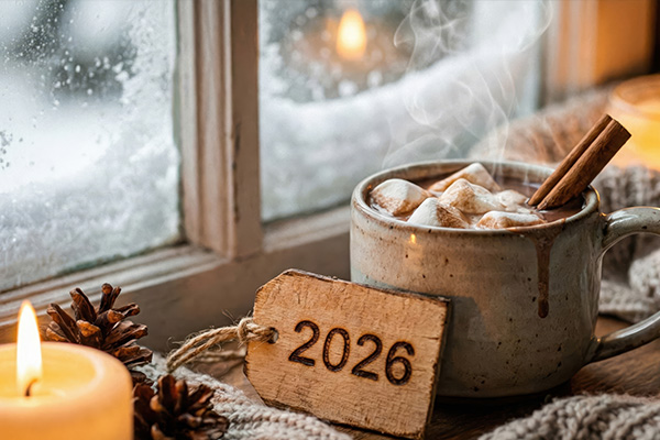Eine dampfende Tasse mit Schokolade. Davor ist ein Holzschild mit Schnur, auf dem das Jahr 2026 eingebrannt ist auf einer winterlichen Fensterbank platziert.