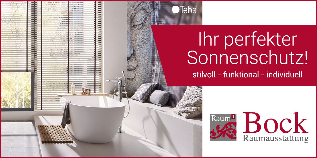 Text: Ihr perfekter Sonnenschutz. Bild: Badezimmer mit Rollos.
